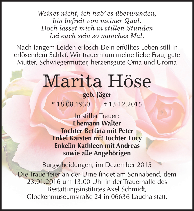  Traueranzeige für Manta Höse vom 16.12.2015 aus Mitteldeutsche Zeitung Naumburg/Nebra