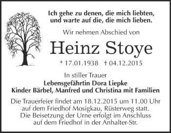 Traueranzeige von Heinz Stoye von WVG - Wochenspiegel Dessau / Köthen