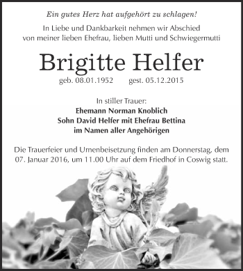 Traueranzeige von Brigitte Helfer von WVG - Wochenspiegel Wittenberg