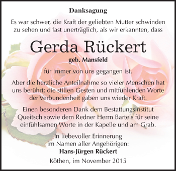 Traueranzeige von Gerda Rückert von Mitteldeutsche Zeitung Köthen
