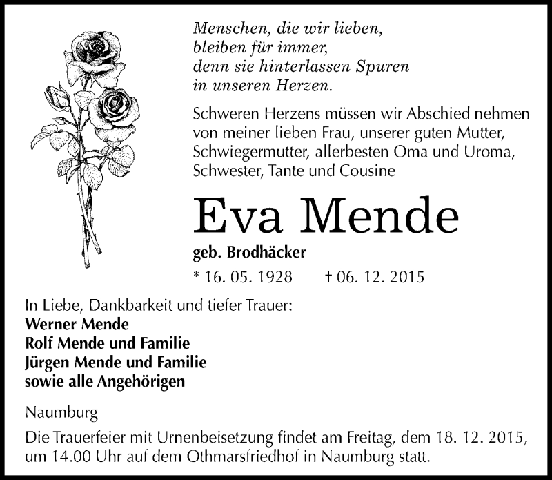  Traueranzeige für Eva Mende vom 09.12.2015 aus Mitteldeutsche Zeitung Naumburg/Nebra