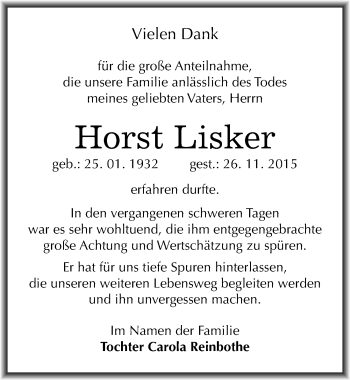 Traueranzeige von Horst Lisker von Mitteldeutsche Zeitung Weißenfels