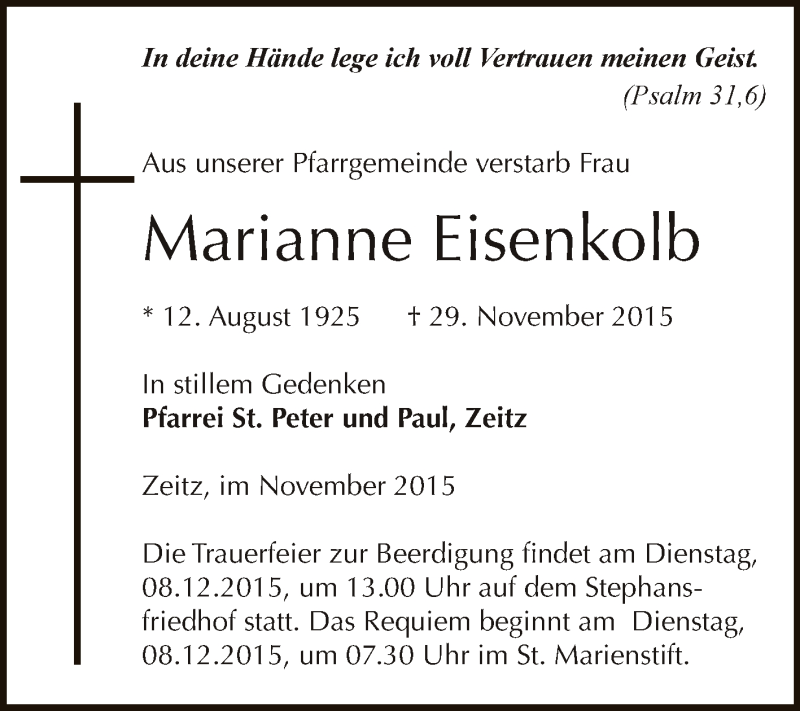  Traueranzeige für Marianne Eisenkolb vom 05.12.2015 aus Super Sonntag Zeitz