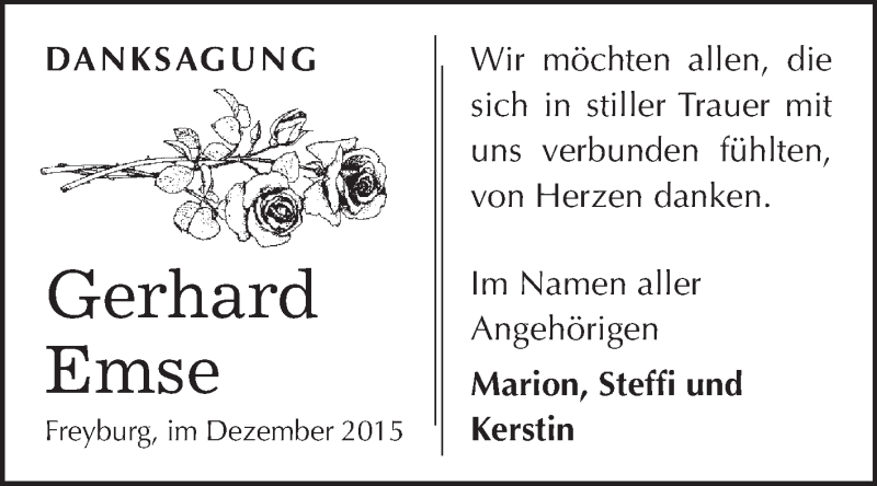  Traueranzeige für Gerhard Emse vom 30.12.2015 aus WVG - Wochenspiegel NMB / WSF / ZTZ