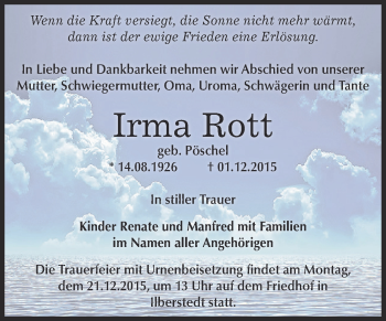 Traueranzeige von Irma Rott von Super Sonntag Bernburg