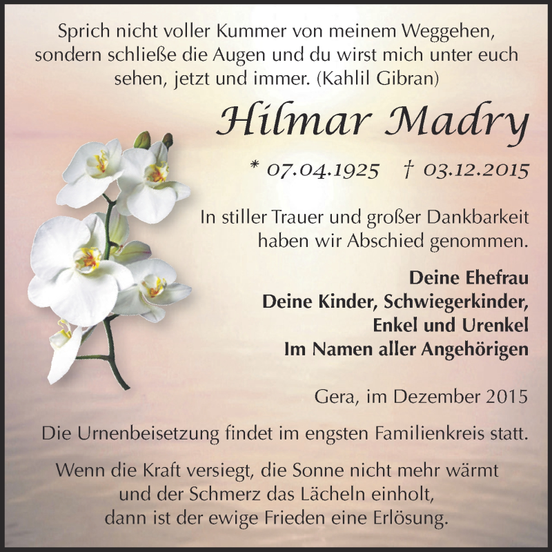  Traueranzeige für Hilmar Madry vom 12.12.2015 aus Super Sonntag Zeitz