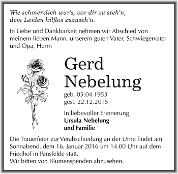Traueranzeige von Gerd Nebelung von Mitteldeutsche Zeitung Quedlinburg