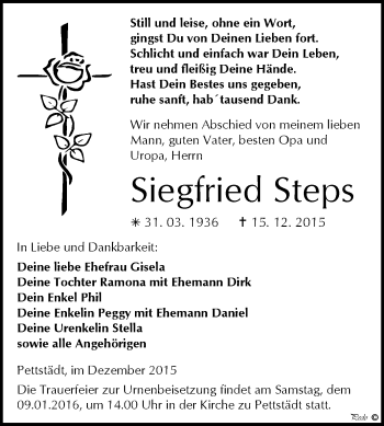 Traueranzeige von Siegfried Steps von WVG - Wochenspiegel NMB / WSF / ZTZ