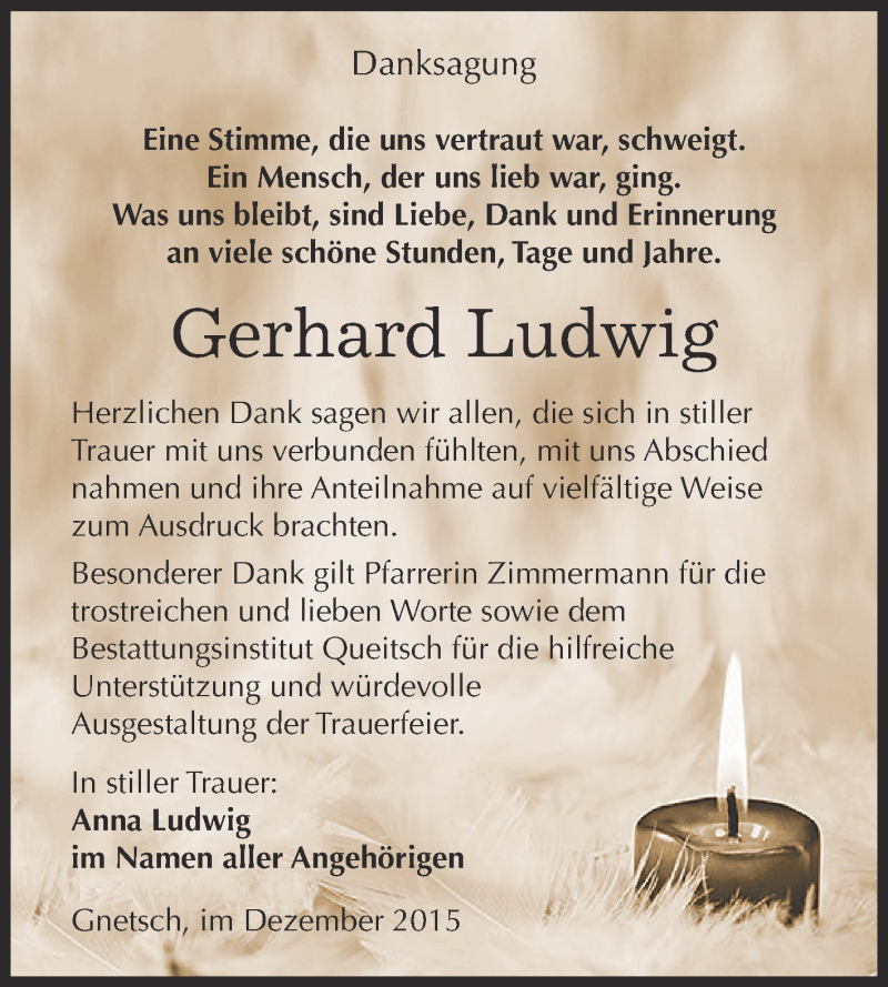  Traueranzeige für Gerhard Ludwig vom 19.12.2015 aus WVG - Wochenspiegel Dessau / Köthen