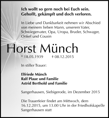 Traueranzeige von Horst Münch von Mitteldeutsche Zeitung Sangerhausen