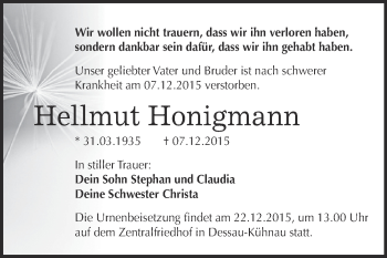Traueranzeige von Hellmut Honigmann von WVG - Wochenspiegel Dessau / Köthen