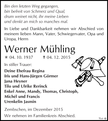 Traueranzeige von Werner Mühling von WVG - Wochenspiegel NMB / WSF / ZTZ