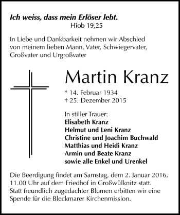 Traueranzeige von Martin Kranz von Mitteldeutsche Zeitung Köthen