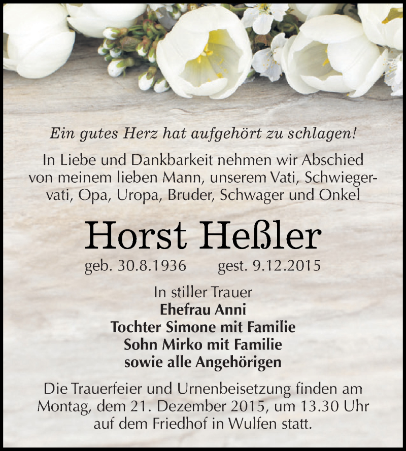  Traueranzeige für Horst Heßler vom 19.12.2015 aus WVG - Wochenspiegel Dessau / Köthen