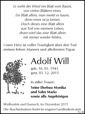 Traueranzeige von Adolf Will von WVG - Wochenspiegel NMB / WSF / ZTZ