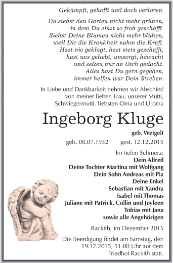 Traueranzeige von Ingeborg Kluge von Mitteldeutsche Zeitung Wittenberg