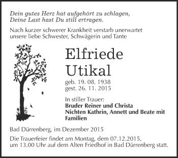 Traueranzeige von Elfriede Utikal von Super Sonntag Merseburg