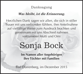 Traueranzeige von Sonja Bock von Super Sonntag Merseburg