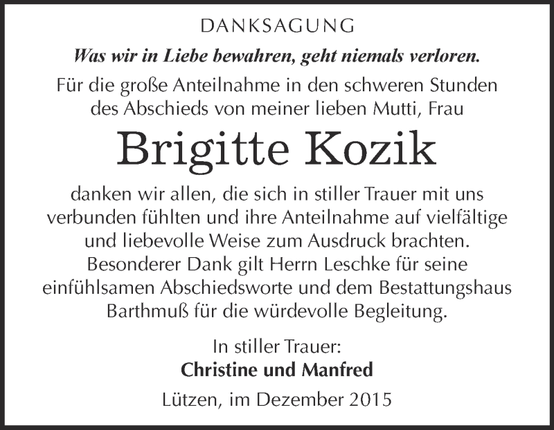  Traueranzeige für Brigitte Kozik vom 16.12.2015 aus WVG - Wochenspiegel Merseburg