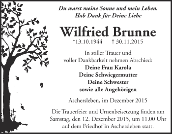 Traueranzeige von Wilfried Brunne von Super Sonntag Aschersleben