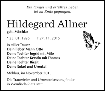 Traueranzeige von Hildegard Allner von Mitteldeutsche Zeitung Wittenberg