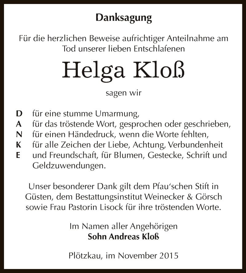  Traueranzeige für Helga Kloß vom 05.12.2015 aus Super Sonntag Bernburg