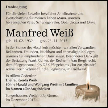 Traueranzeige von Manfred Weiß von Super Sonntag SGH Mansf. Land