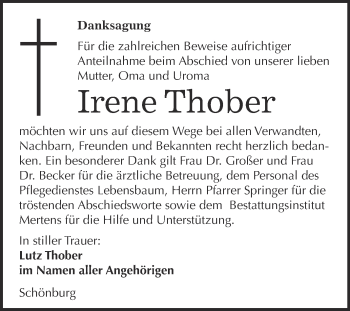 Traueranzeige von Irene Thober von WVG - Wochenspiegel NMB / WSF / ZTZ
