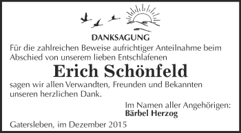 Traueranzeige von Erich Schönfeld von Super Sonntag Aschersleben