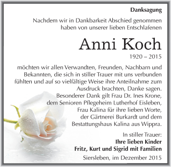 Traueranzeige von Anni Koch von Mitteldeutsche Zeitung Mansfelder Land
