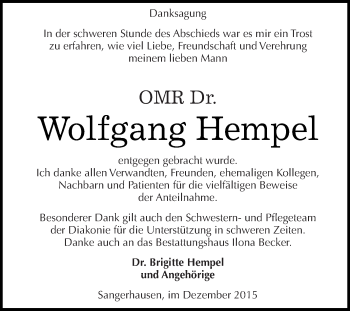 Traueranzeige von Wolfgang Hempel von Super Sonntag SGH Mansf. Land