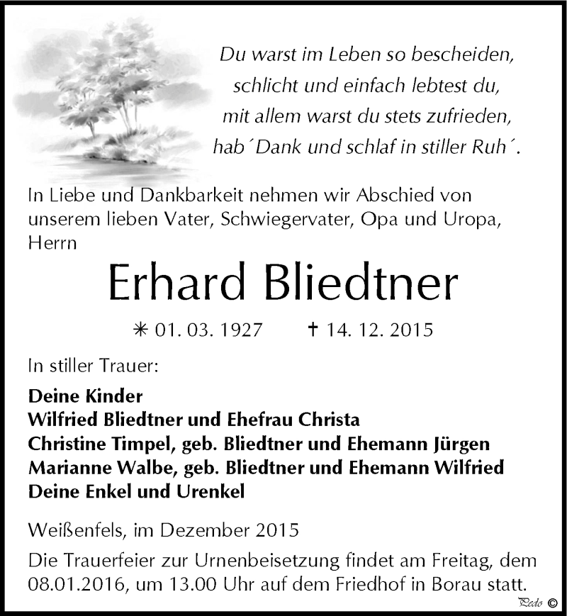  Traueranzeige für Erhard Bliedtner vom 22.12.2015 aus Mitteldeutsche Zeitung Weißenfels