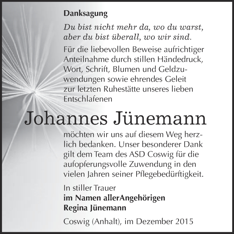  Traueranzeige für Johannes Jünemann vom 19.12.2015 aus Super Sonntag Wittenberg