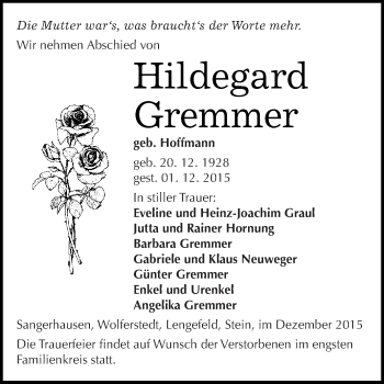 Traueranzeige von Hildegard Gremmer von Super Sonntag SGH Mansf. Land