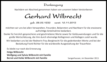 Traueranzeige von Gerhard Wilbrecht von Super Sonntag SGH Mansf. Land