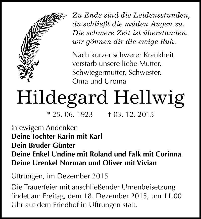  Traueranzeige für Hildegard Hellwig vom 12.12.2015 aus Mitteldeutsche Zeitung Sangerhausen