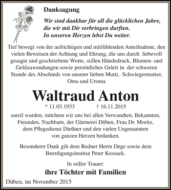 Traueranzeige von Waltraud Anton von WVG - Wochenspiegel Dessau / Köthen