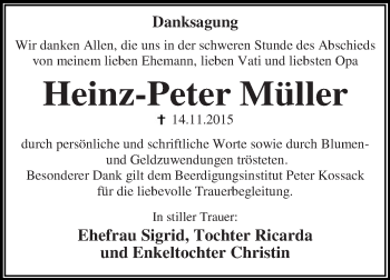 Traueranzeige von Heinz-Peter Müller von WVG - Wochenspiegel Dessau / Köthen