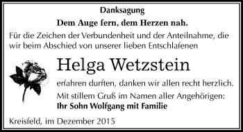 Traueranzeige von Helga Wetzstein von Mitteldeutsche Zeitung Mansfelder Land