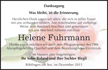 Traueranzeige von Helene Fuhrmann von Mitteldeutsche Zeitung Mansfelder Land