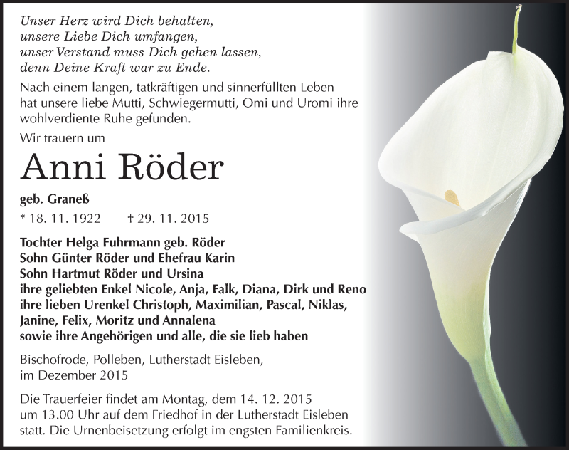  Traueranzeige für Anni Röder vom 05.12.2015 aus Mitteldeutsche Zeitung Mansfelder Land