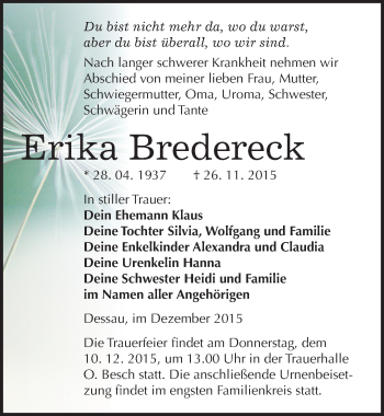 Traueranzeige von Erika Bredereck von Mitteldeutsche Zeitung Dessau-Roßlau