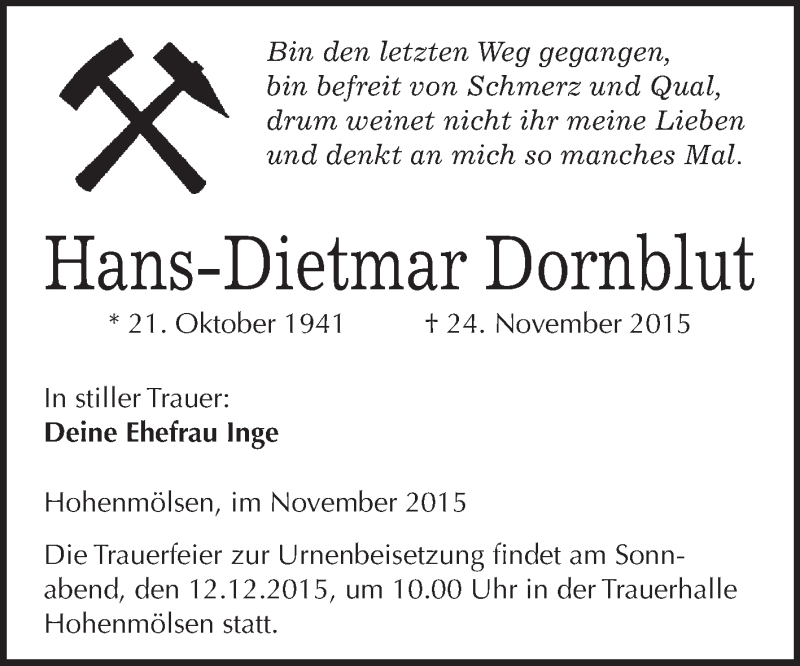  Traueranzeige für Hans-Dietmar Dornblut vom 02.12.2015 aus WVG - Wochenspiegel NMB / WSF / ZTZ
