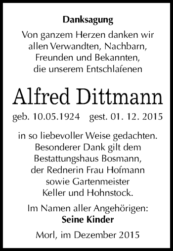 Traueranzeige von Alfred Dittmann von Mitteldeutsche Zeitung Halle/Saalkreis