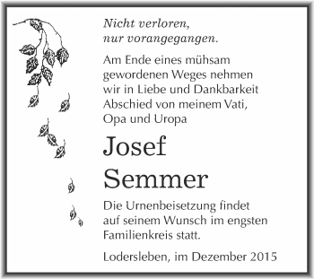 Traueranzeige von Josef Semmer von WVG - Wochenspiegel Merseburg