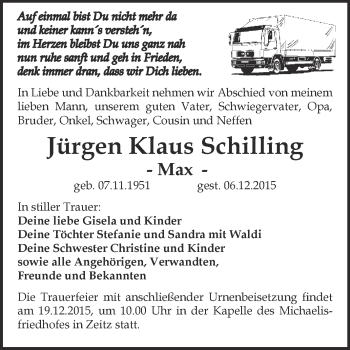 Traueranzeige von Jürgen Klaus Schilling von Super Sonntag Zeitz