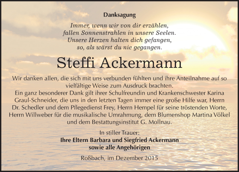  Traueranzeige für Steffi Ackermann vom 12.12.2015 aus Mitteldeutsche Zeitung Merseburg/Querfurt