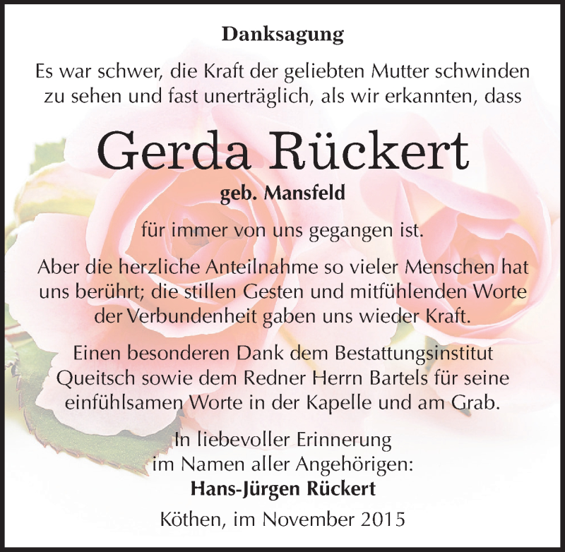  Traueranzeige für Gerda Rückert vom 03.12.2015 aus Mitteldeutsche Zeitung Köthen