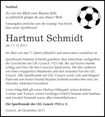 Traueranzeige von Hartmut Schmidt von WVG - Wochenspiegel NMB / WSF / ZTZ