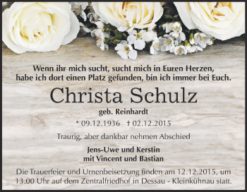 Traueranzeige von Christa Schulz von WVG - Wochenspiegel Dessau / Köthen